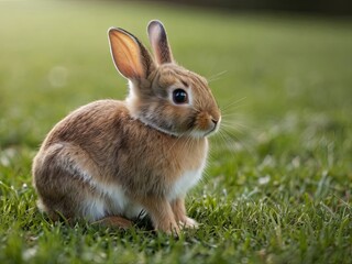 A brown rabbit sits in a field of green grass, looking off to the side. The sun shines brightly in the background