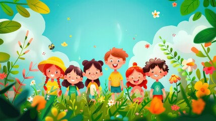 A flat children's day graphic with a Spanish background