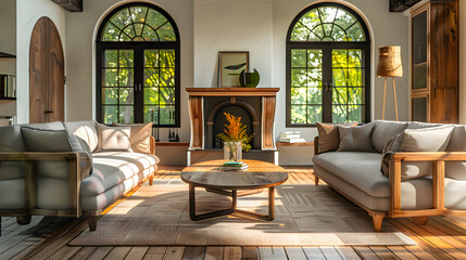 Wooden accent ellipse coffee table between two sofas against fireplace and arched window. Country rustic interior design of modern living room.