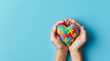 colorful puzzle heart in the hands, autism awareness concept