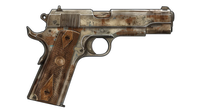 Vintage m1911 style handgun with a wooden grip 2D Game Art isolated on transparent background