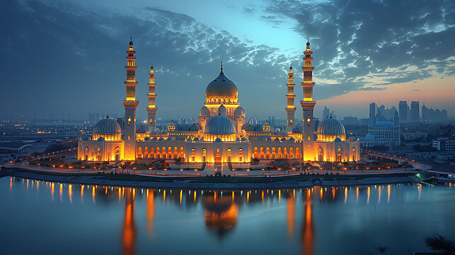 grand mosque illuminated by golden lights during EidalAdha with families gathered outside for evening prayers captured with HDR photography to enhance the colors and create a vibrant spiritual scene