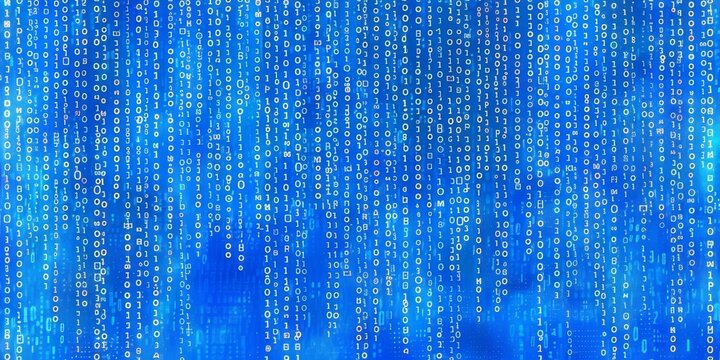 A vertical digital matrix of binary code in vibrant blue, resembling a data stream or futuristic computer screen background.