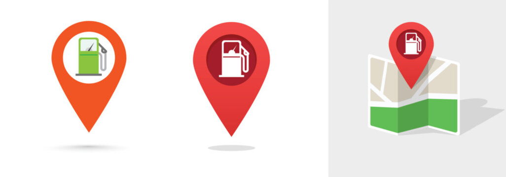 Gas station map pin pointer symbol vector graphic illustration set, fuel petrol point arrow label location place image clip art set