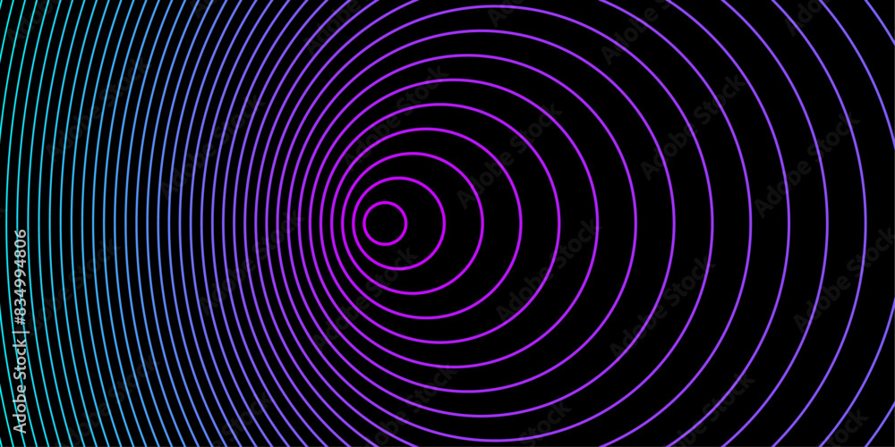 Fototapete Abstract music background with concentric circles blue purple color pulse geometric loopable line on a black background. Endless radio waves. Radar sonar ring vector design.