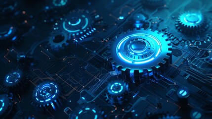 A blue and white image of gears and other mechanical parts