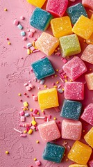 A close up of a pile of colorful candies on a pink surface
