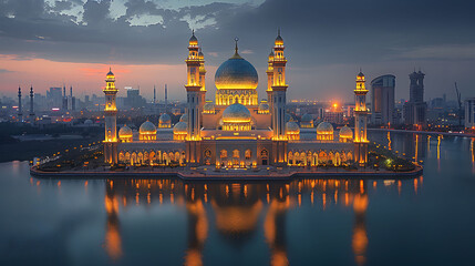 Obraz premium grand mosque illuminated by golden lights during EidalAdha with families gathered outside for evening prayers captured with HDR photography to enhance the colors and create a vibrant spiritual scene