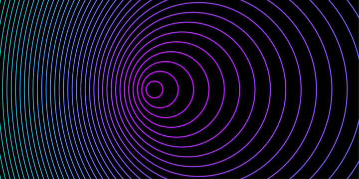 Abstract music background with concentric circles blue purple color pulse geometric loopable line on a black background. Endless radio waves. Radar sonar ring vector design.