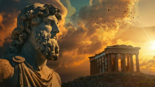 Roman statue with ancient Roman building in the background. Virtual 4K video animation background with looping time lapse with very smooth graphics.