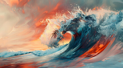 Illustration of colorful wave crashing on a shore at sunset