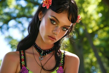 Stylish Young Woman with Septum Piercing and Floral Hair Accessories in a Summer Setting
