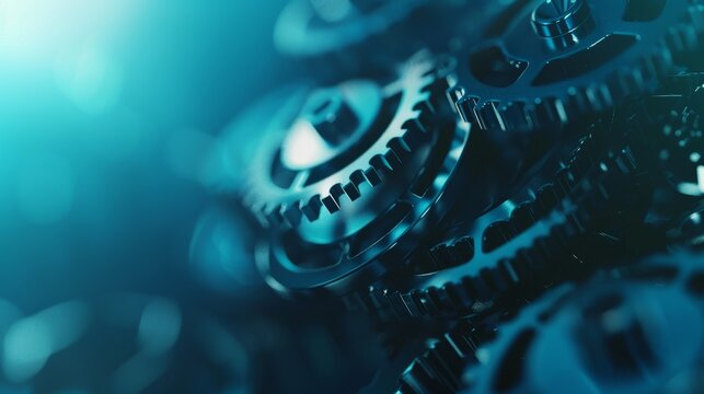 A blue and white image of gears and other mechanical parts