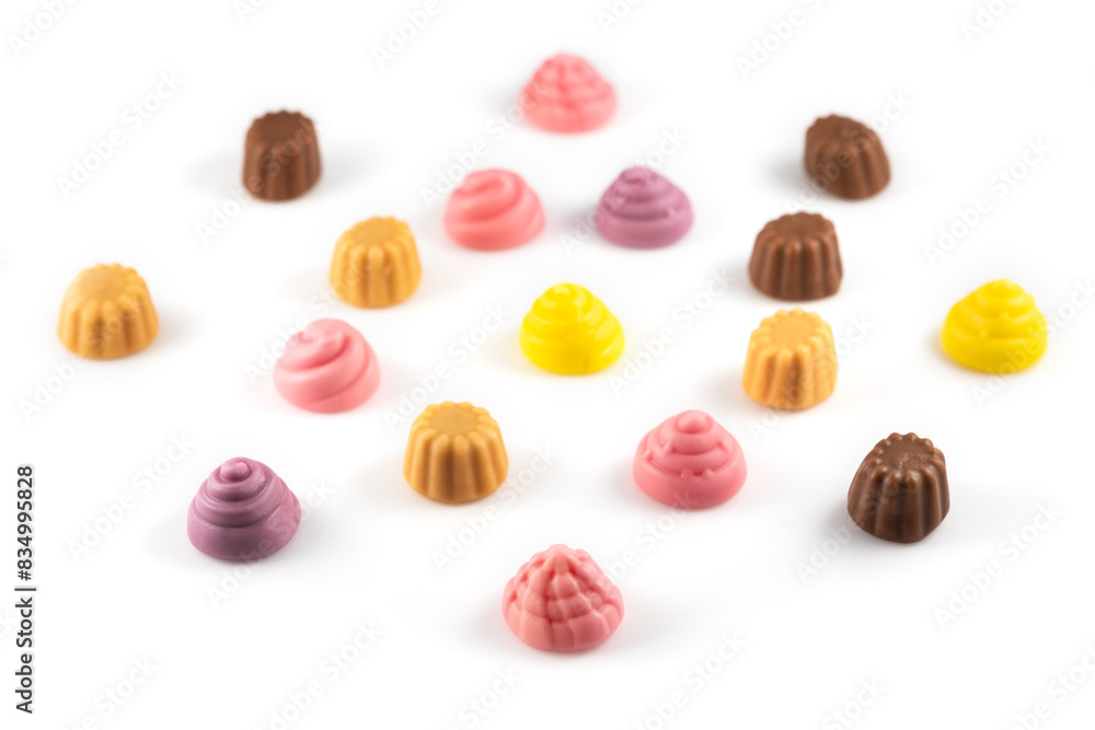 Sticker Set of delicious jelly candies in shape of meringue and cupcake on white background