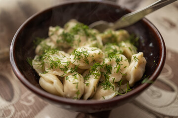 Fried dumplings pierogi with meat filling sprinkled with dill in bowl