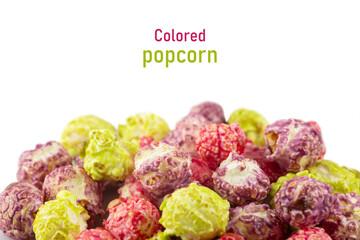 Colorful popcorn on white background close up
