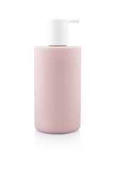 Pink dispenser bottle isolated on white background, cosmetic packaging mockup with copy space