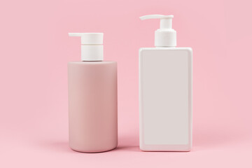 pink and white dispenser bottles on pink background, cosmetic packaging mockup with copy space