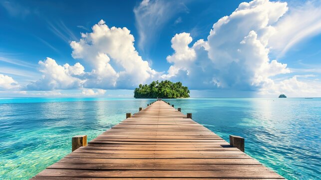 Fototapeta Wooden pier to an island in ocean against blue sky with white clouds, Beautiful tropical landscape background, concept for summer travel and vacation. , panoramic view