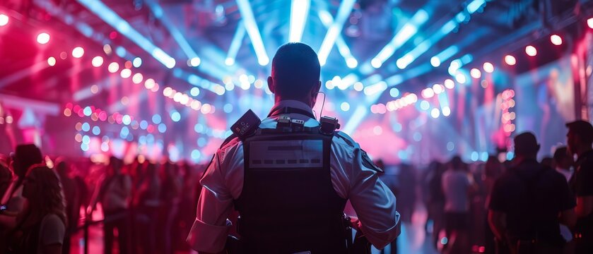A security guard managing crowd control during a large event focus on crowd control, event theme, dynamic, manipulation, event venue backdrop