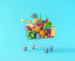 Shopping Cart with Utensils Fruits and Vegetables the Market plain background banner 
