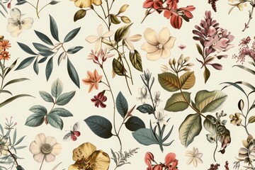 Exquisite vintage botanical pattern with muted flowers and leaves on a soft background