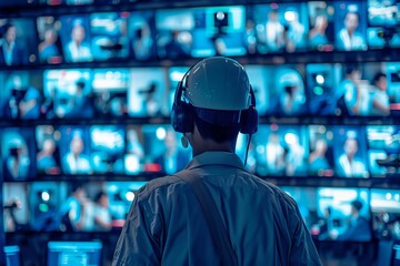 A security guard monitoring surveillance cameras in a control room close up, surveillance theme, realistic, blend mode, control room backdrop