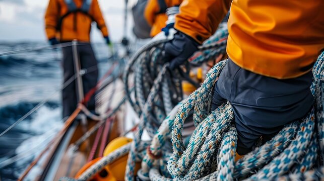 deckhands efficiently coiling ropes on a sailing boat deck teamwork and organization at sea