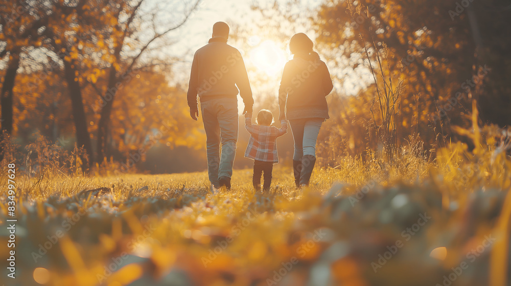 Wall mural Family walking hand-in-hand in a park during sunset, warm tones, with a focus on togetherness and love. Generative AI - Wall murals