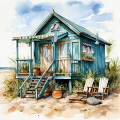 Watercolor Beach Hut Illustration, Generative Ai