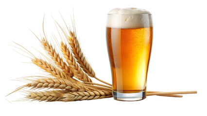A cold glass of beer with a frothy white head and wheat