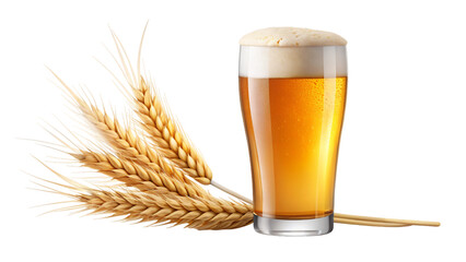 A cold glass of beer with a frothy white head and wheat