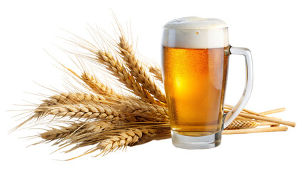 A cold glass of beer with a frothy white head and wheat