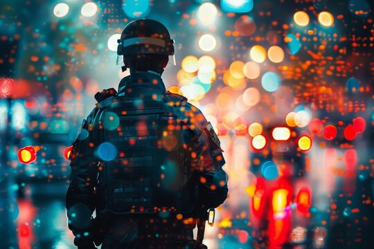 A security guard responding to an emergency situation with urgency close up, emergency response theme, vibrant, double exposure, emergency scene backdrop