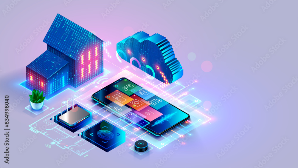 Poster Phone controls Smart home via internet. Internet of things or IOT technology of home automation. Smart home system isometric concept. Icons smart devices on screen phone connected at smart home.