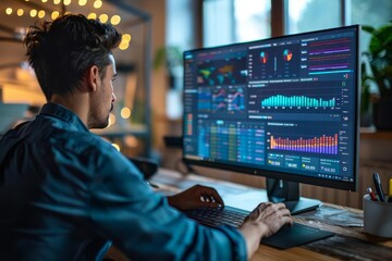 Obraz premium A social media manager analyzing engagement metrics on a dashboard close up, data analysis theme, realistic, blend mode, office desk backdrop