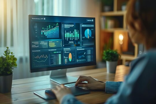 A social media manager analyzing engagement metrics on a dashboard close up, data analysis theme, realistic, blend mode, office desk backdrop