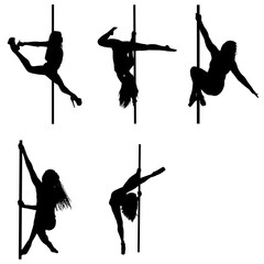 Set of Vector silhouette of Pole dance women, beautiful pole dancer girl silhouette, Pole Dance sport, young dancing beautiful woman, Black silhouette of girl and pole on a white background