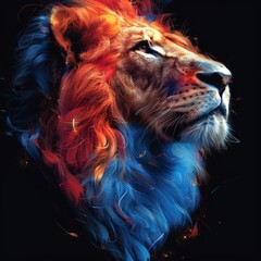 The image is a vibrant and artistic representation of a lion’s head. The fusion of realism with abstract art elements creates a visually striking depiction of the animal
