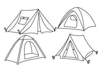 camping tent doodle icon hand drawing set vector illustration