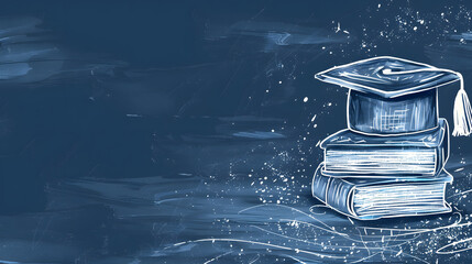Hand drawn illustration of a graduation cap and books on a chalkboard background, with a minimalistic design concept for education and copy space