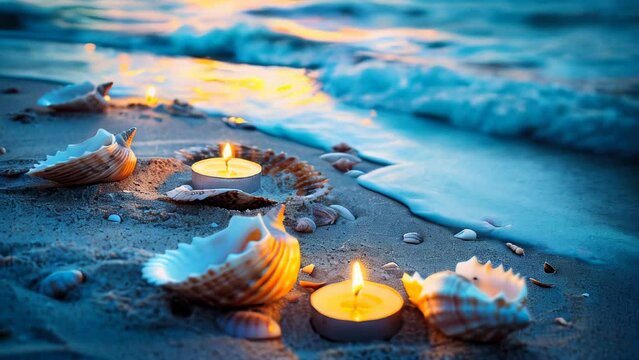 A beautiful seascape with seashells and glowing candles on the sand