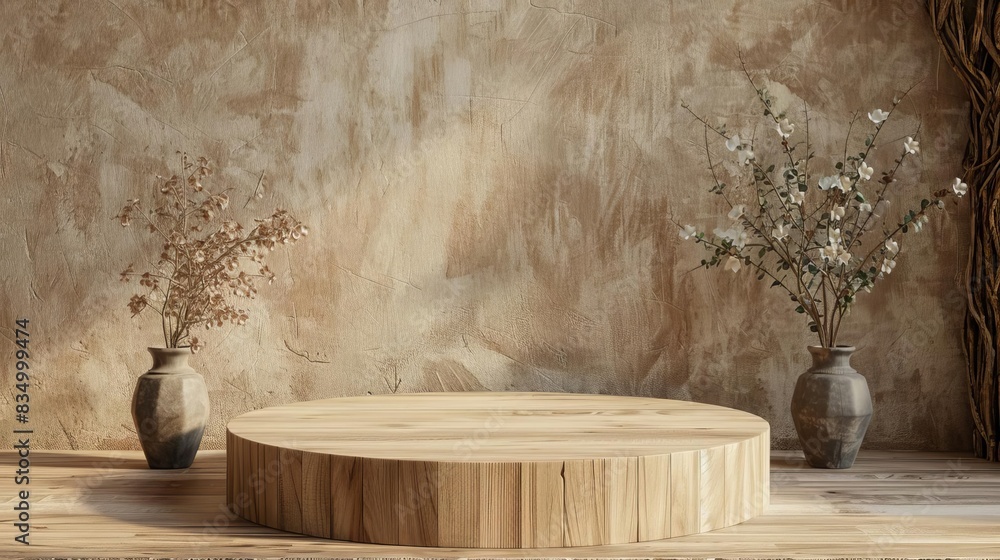 Poster elegant wooden podium display on rustic background 3d product presentation render