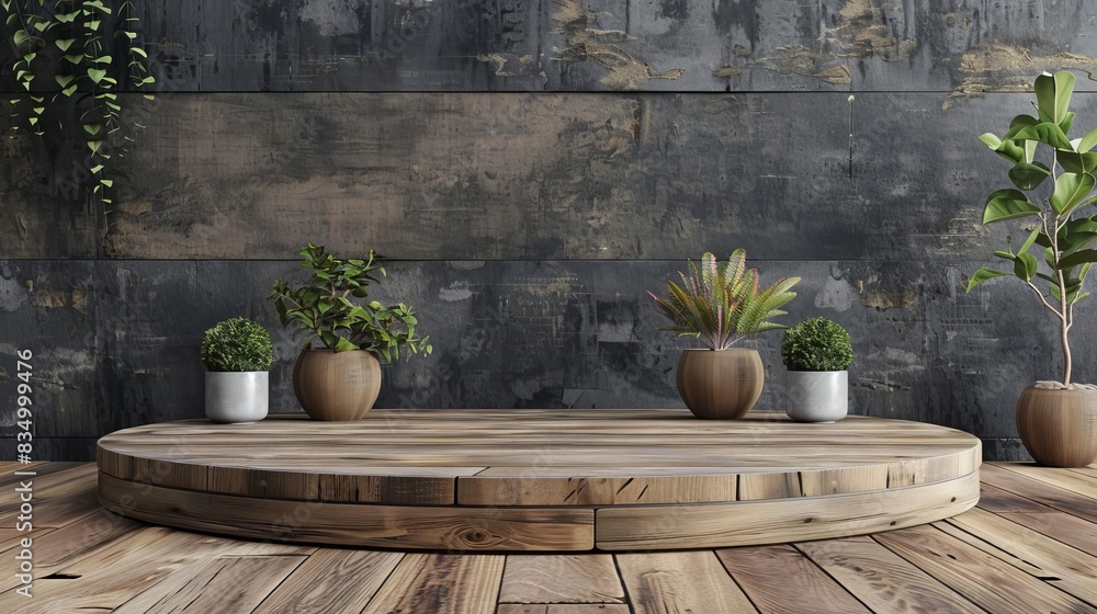 Poster elegant wooden podium display on rustic background 3d product presentation render