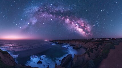 Naklejka premium A breathtaking shot of the Milky Way over a coastal headland.