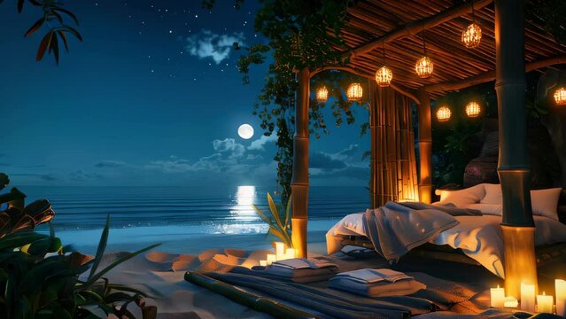 A beach house with candles and lanterns under moonlight, romantic atmosphere