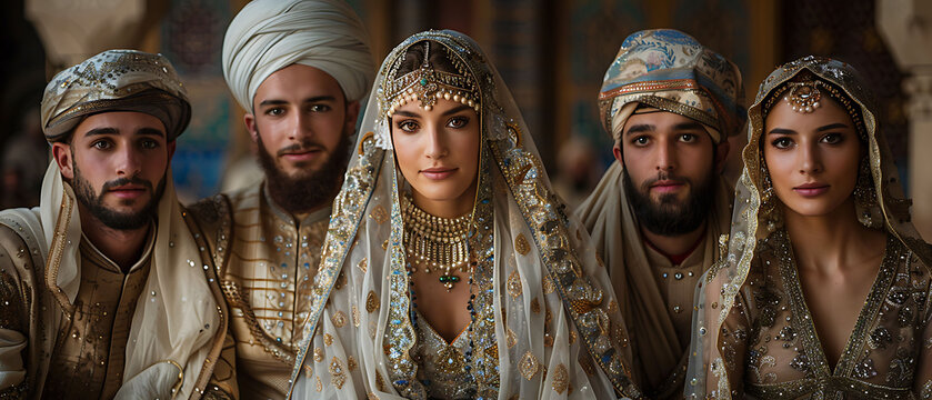 group of friends dressed in traditional Islamic clothing for EidalAdha posing with a beautifully decorated backdrop Focus Stacking and RealTime Eye AF ensure sharp detailed imagery