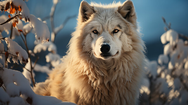 A white wolf in a daytime snow-covered winter forest