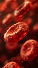 Fototapeta premium A close-up view of red blood cells in motion, highlighting their texture and structure, against a dark background.