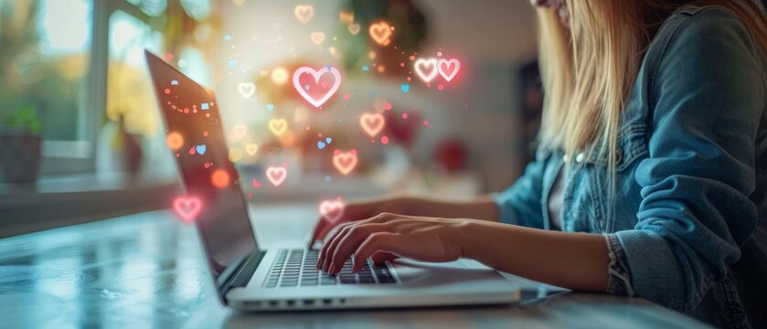 A social media manager responding to follower comments on a laptop close up, engagement theme, vibrant, double exposure, home office backdrop